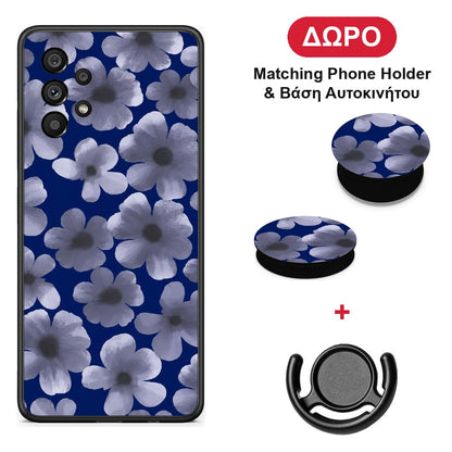 Pale Blue Flowers on Navy - Samsung Galaxy A73 5G θήκη + Δώρο Phone Holder & Βάση Αυτοκινήτου
