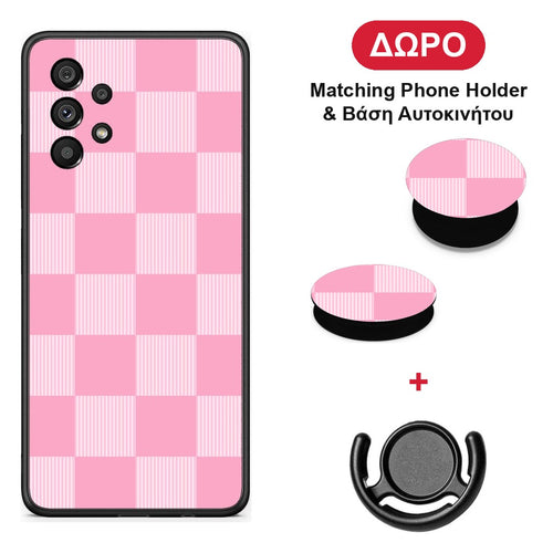 Pink and White Striped Checks - Samsung Galaxy A73 5G θήκη + Δώρο Phone Holder & Βάση Αυτοκινήτου
