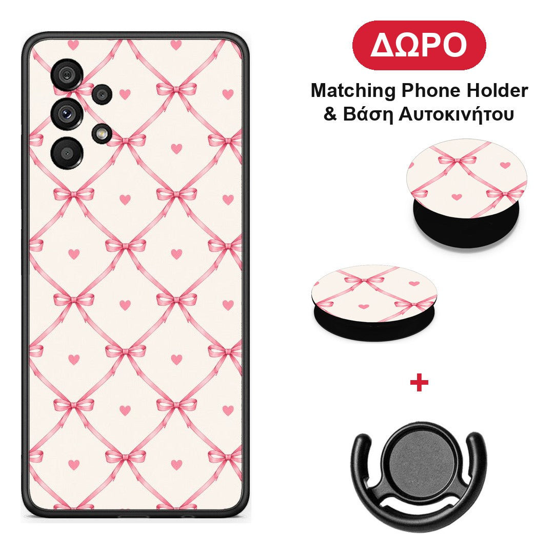 Pink Bow Lattice and Hearts on Cream - Samsung Galaxy A73 5G θήκη + Δώρο Phone Holder & Βάση Αυτοκινήτου