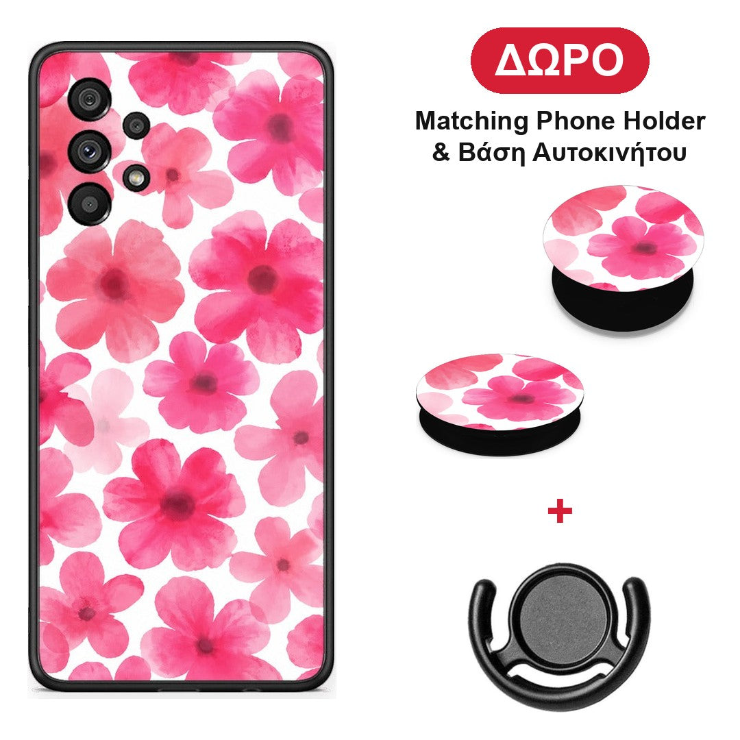 Pink Watercolour Flowers on White - Samsung Galaxy A73 5G θήκη + Δώρο Phone Holder & Βάση Αυτοκινήτου