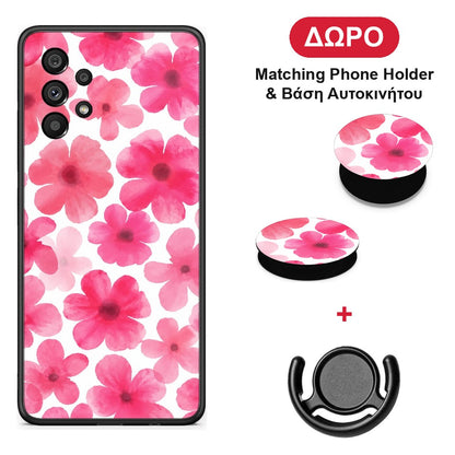 Pink Watercolour Flowers on White - Samsung Galaxy A73 5G θήκη + Δώρο Phone Holder & Βάση Αυτοκινήτου