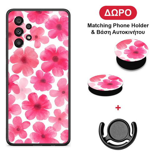 Pink Watercolour Flowers on White - Samsung Galaxy A73 5G θήκη + Δώρο Phone Holder & Βάση Αυτοκινήτου