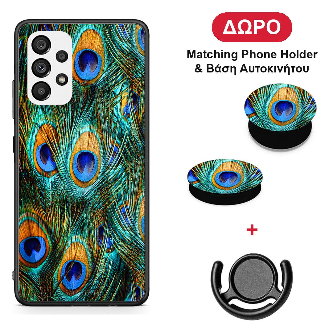 Real Peacock Feathers - Samsung Galaxy A73 5G θήκη + Δώρο Phone Holder & Βάση Αυτοκινήτου