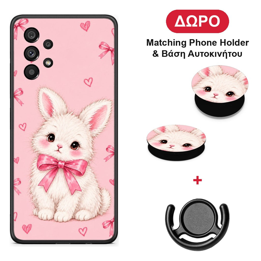 White Bunny and Pink Bows - Samsung Galaxy A73 5G θήκη + Δώρο Phone Holder & Βάση Αυτοκινήτου