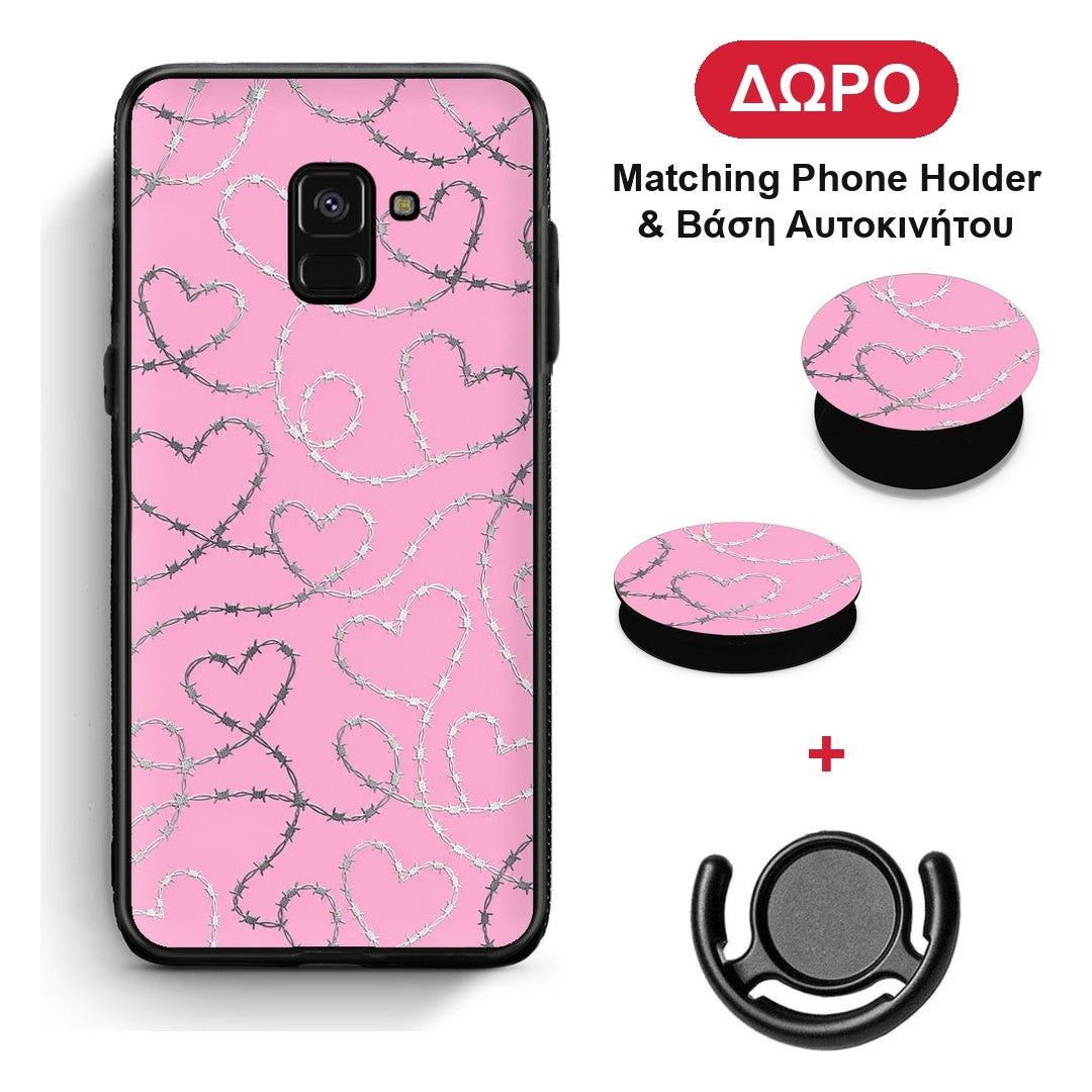 Barbed Wire Hearts on Pink - Samsung Galaxy A8 θήκη + Δώρο Phone Holder & Βάση Αυτοκινήτου