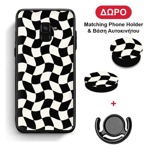Black and Cream Wavy Checkerboard - Samsung Galaxy A8 θήκη + Δώρο Phone Holder & Βάση Αυτοκινήτου