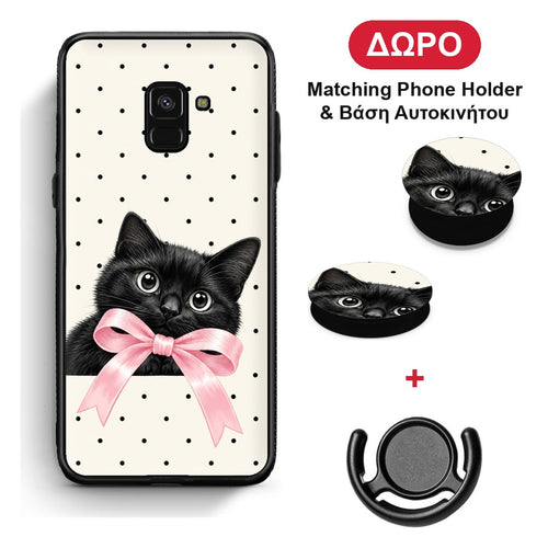 Black Kitten Pink Bow and Polka Dots - Samsung Galaxy A8 θήκη + Δώρο Phone Holder & Βάση Αυτοκινήτου