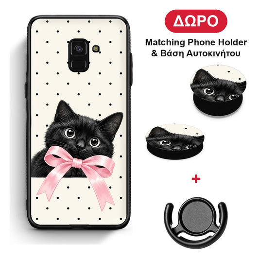 Black Kitten Pink Bow and Polka Dots - Samsung Galaxy A8 θήκη + Δώρο Phone Holder & Βάση Αυτοκινήτου
