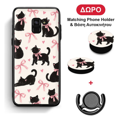 Black Kittens and Pink Bows on Cream Large - Samsung Galaxy A8 θήκη + Δώρο Phone Holder & Βάση Αυτοκινήτου