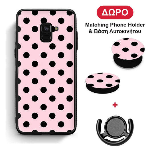 Black Polka Dots on Pink - Samsung Galaxy A8 θήκη + Δώρο Phone Holder & Βάση Αυτοκινήτου