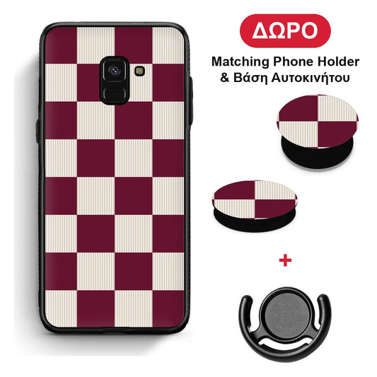 Burgundy and Cream Striped Checks - Samsung Galaxy A8 θήκη + Δώρο Phone Holder & Βάση Αυτοκινήτου
