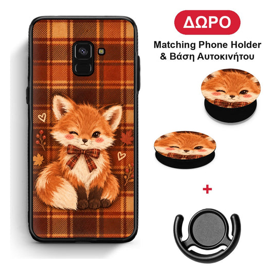Fox on Autumn Tartan - Samsung Galaxy A8 θήκη + Δώρο Phone Holder & Βάση Αυτοκινήτου