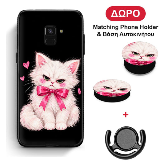 Grumpy Party Kitten on Black - Samsung Galaxy A8 θήκη + Δώρο Phone Holder & Βάση Αυτοκινήτου