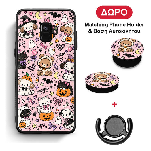 Halloween Cute Animals on Pink - Samsung Galaxy A8 θήκη + Δώρο Phone Holder & Βάση Αυτοκινήτου