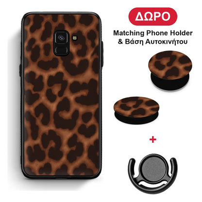Leopard Print Dark Brown - Samsung Galaxy A8 θήκη + Δώρο Phone Holder & Βάση Αυτοκινήτου