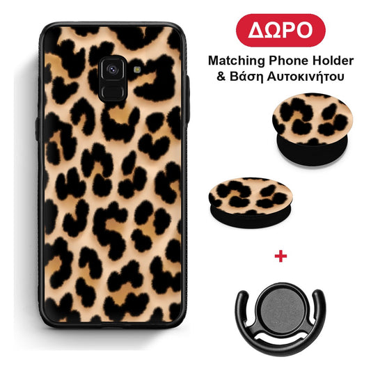 Leopard Print Tan Large - Samsung Galaxy A8 θήκη + Δώρο Phone Holder & Βάση Αυτοκινήτου