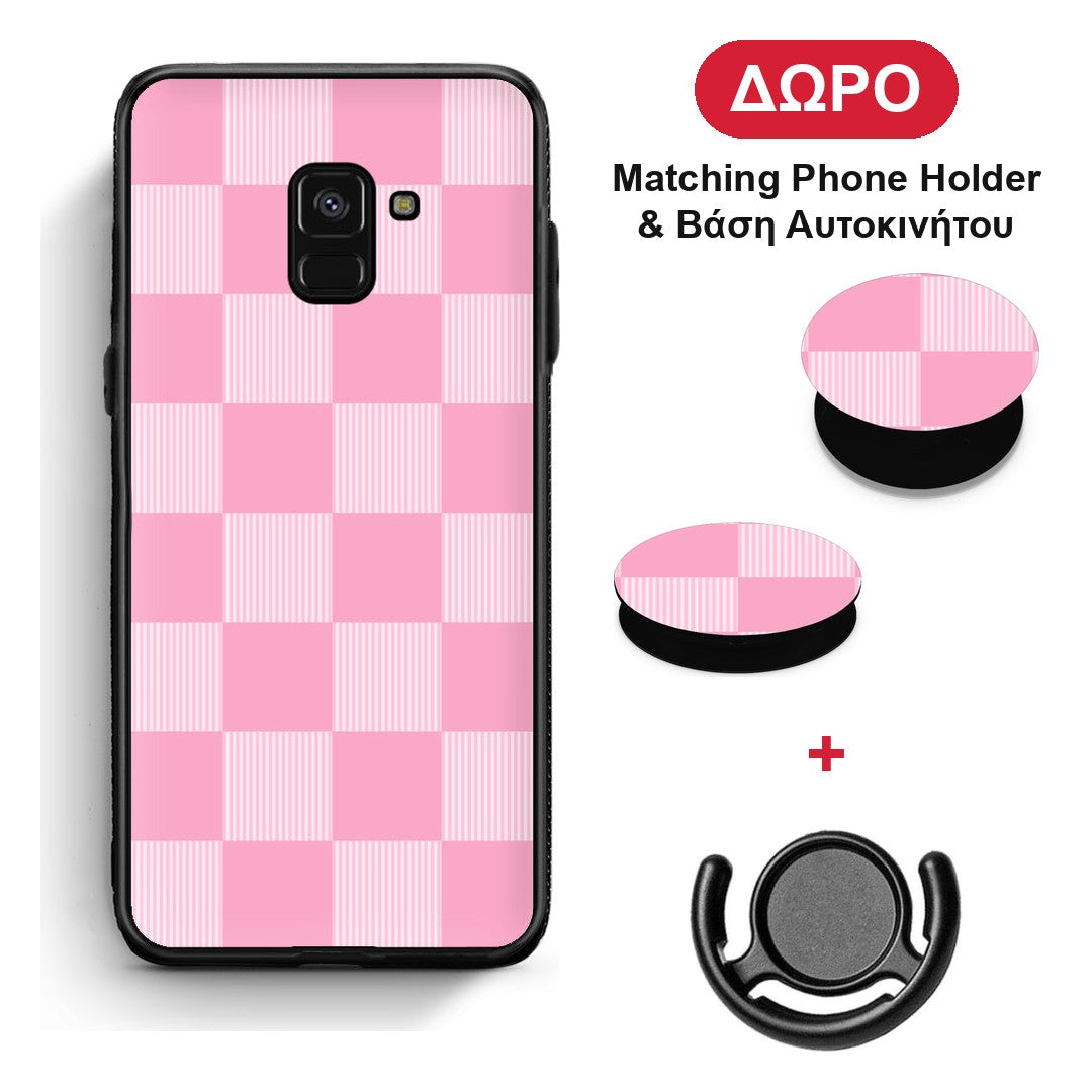 Pink and White Striped Checks - Samsung Galaxy A8 θήκη + Δώρο Phone Holder & Βάση Αυτοκινήτου