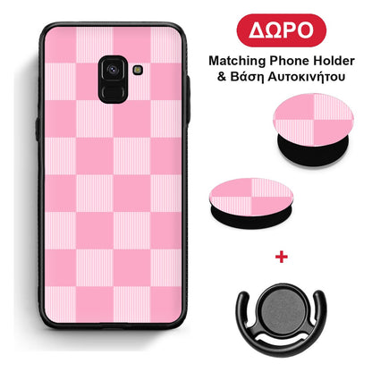Pink and White Striped Checks - Samsung Galaxy A8 θήκη + Δώρο Phone Holder & Βάση Αυτοκινήτου