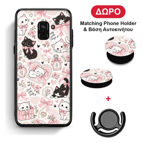 Pink Bows and Kittens Collage - Samsung Galaxy A8 θήκη + Δώρο Phone Holder & Βάση Αυτοκινήτου