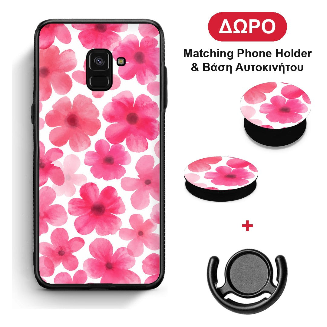 Pink Watercolour Flowers on White - Samsung Galaxy A8 θήκη + Δώρο Phone Holder & Βάση Αυτοκινήτου