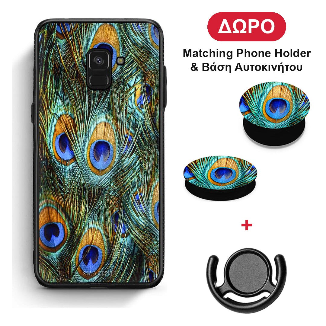 Real Peacock Feathers - Samsung Galaxy A8 θήκη + Δώρο Phone Holder & Βάση Αυτοκινήτου