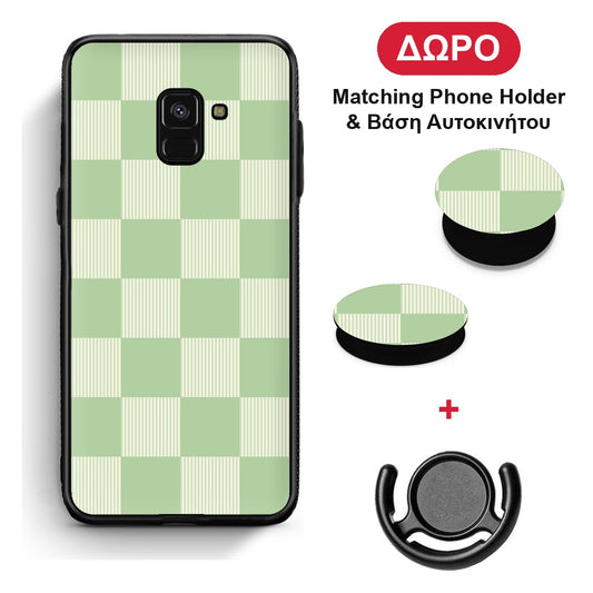 Sage and Cream Striped Checks - Samsung Galaxy A8 θήκη + Δώρο Phone Holder & Βάση Αυτοκινήτου