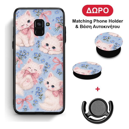 White Kittens and Blue Flowers Large - Samsung Galaxy A8 θήκη + Δώρο Phone Holder & Βάση Αυτοκινήτου