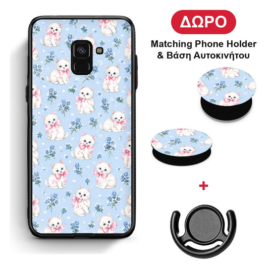White Kittens and Blue Flowers Small - Samsung Galaxy A8 θήκη + Δώρο Phone Holder & Βάση Αυτοκινήτου
