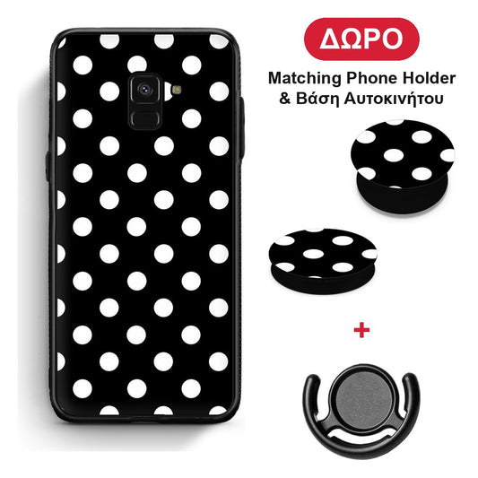 White Polka Dots on Black - Samsung Galaxy A8 θήκη + Δώρο Phone Holder & Βάση Αυτοκινήτου