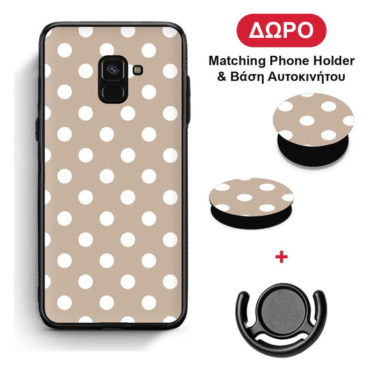 White Polka Dots on Taupe - Samsung Galaxy A8 θήκη + Δώρο Phone Holder & Βάση Αυτοκινήτου