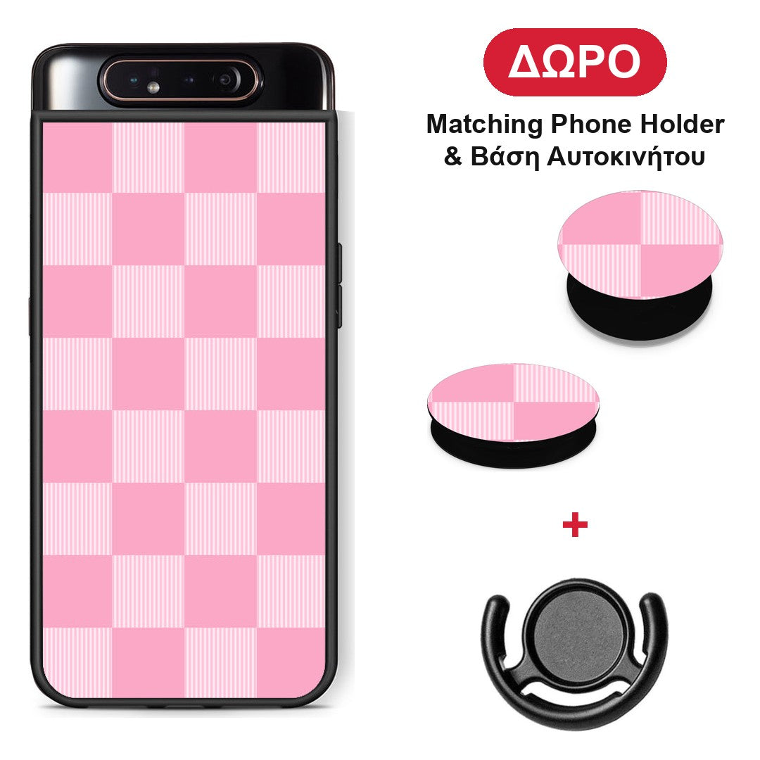 Pink and White Striped Checks - Samsung Galaxy A80 θήκη + Δώρο Phone Holder & Βάση Αυτοκινήτου