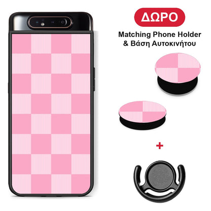 Pink and White Striped Checks - Samsung Galaxy A80 θήκη + Δώρο Phone Holder & Βάση Αυτοκινήτου