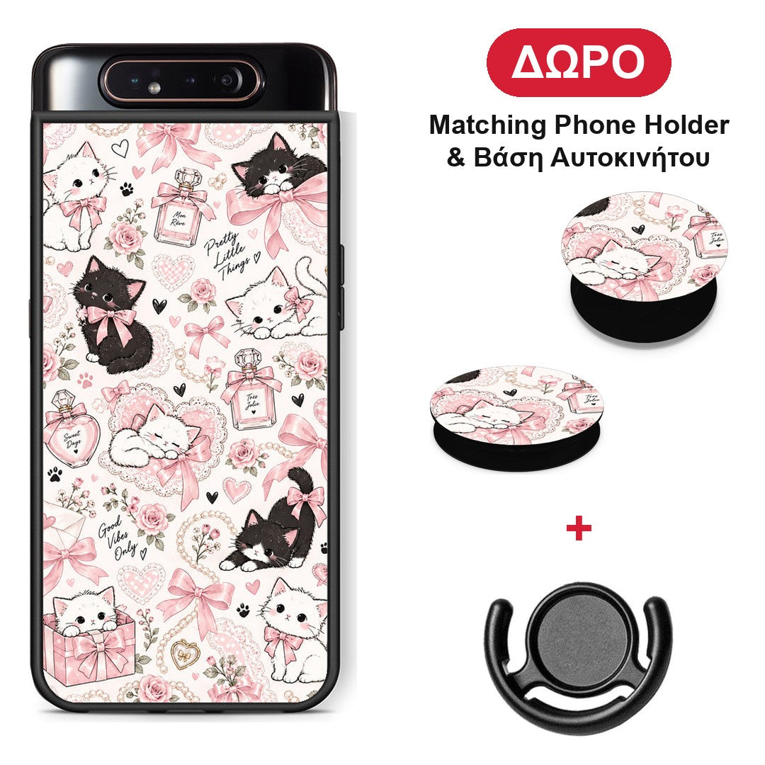 Pink Bows and Kittens Collage - Samsung Galaxy A80 θήκη + Δώρο Phone Holder & Βάση Αυτοκινήτου