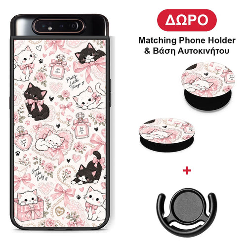Pink Bows and Kittens Collage - Samsung Galaxy A80 θήκη + Δώρο Phone Holder & Βάση Αυτοκινήτου