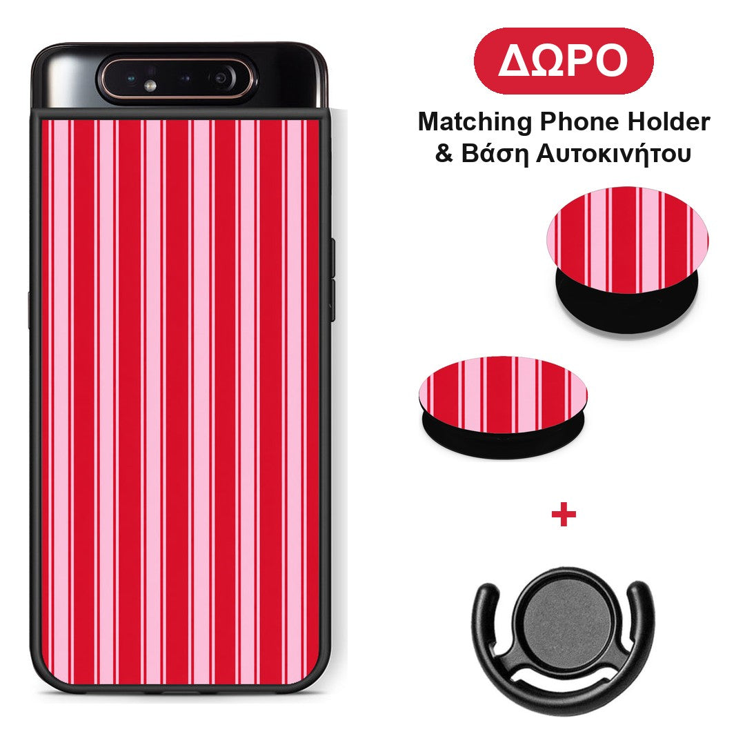 Red and Pink Vertical Pinstripes - Samsung Galaxy A80 θήκη + Δώρο Phone Holder & Βάση Αυτοκινήτου