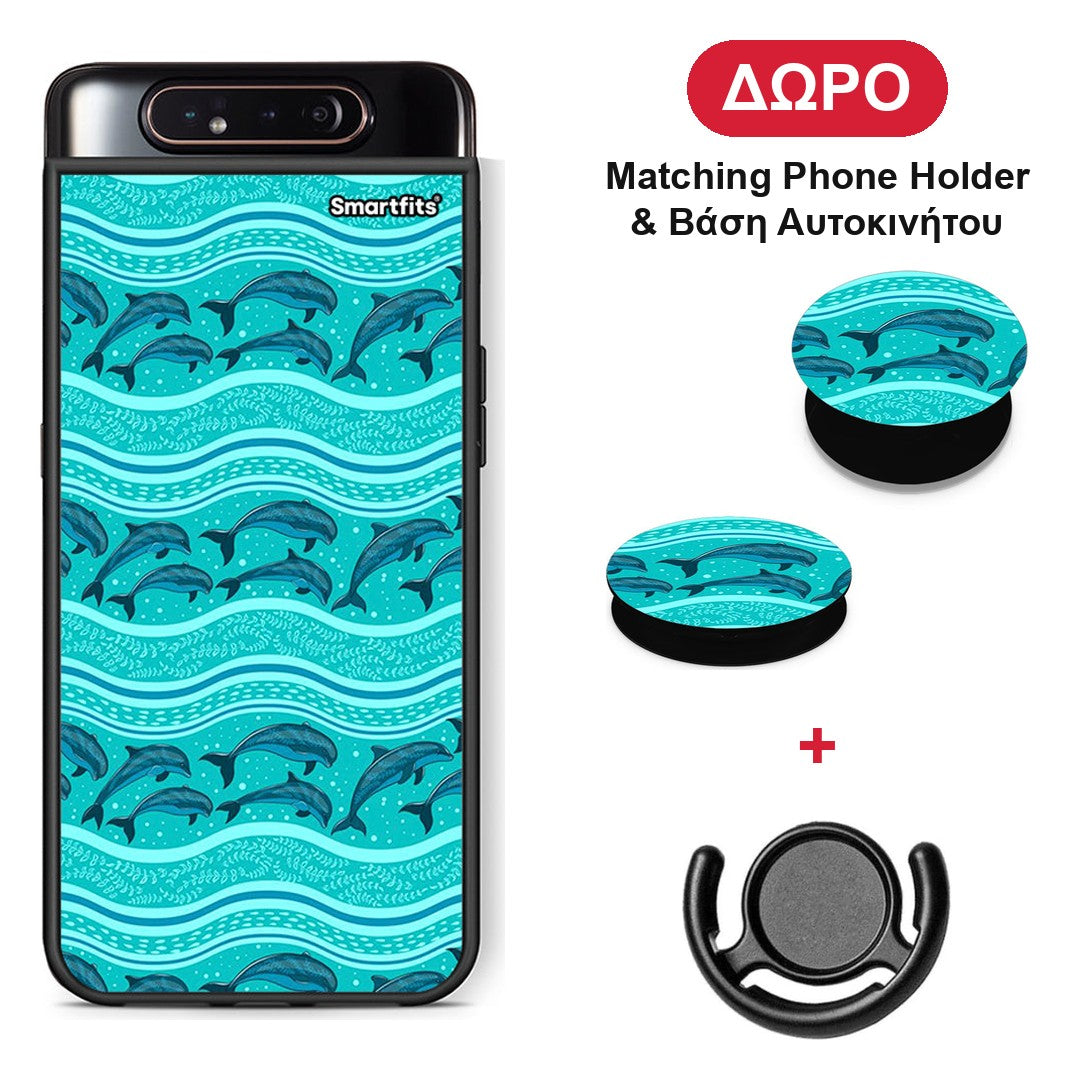 Swimming Dolphins - Samsung Galaxy A80 θήκη + Δώρο Phone Holder & Βάση Αυτοκινήτου