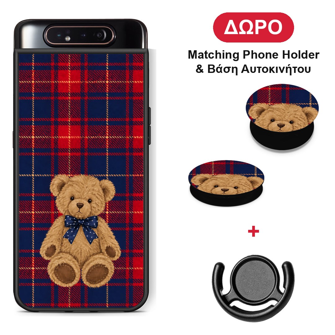Teddy Bear on Red and Navy Tartan - Samsung Galaxy A80 θήκη + Δώρο Phone Holder & Βάση Αυτοκινήτου