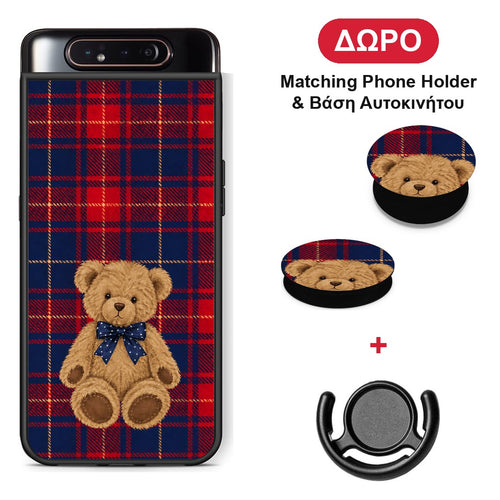 Teddy Bear on Red and Navy Tartan - Samsung Galaxy A80 θήκη + Δώρο Phone Holder & Βάση Αυτοκινήτου