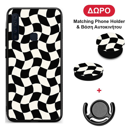Black and Cream Wavy Checkerboard - Samsung Galaxy A9 θήκη + Δώρο Phone Holder & Βάση Αυτοκινήτου