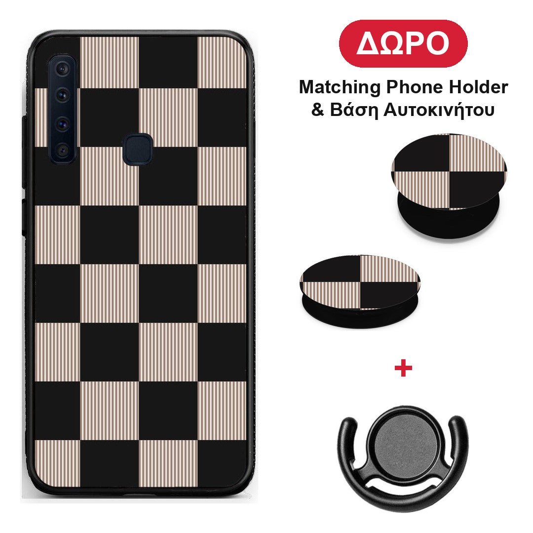 Black and Taupe Striped Checks - Samsung Galaxy A9 θήκη + Δώρο Phone Holder & Βάση Αυτοκινήτου
