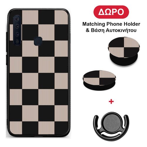 Black and Taupe Striped Checks - Samsung Galaxy A9 θήκη + Δώρο Phone Holder & Βάση Αυτοκινήτου