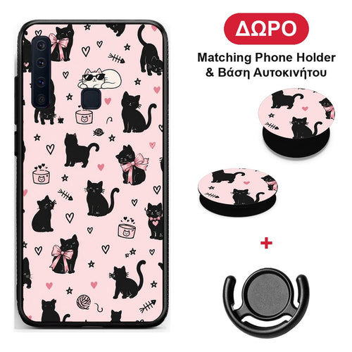 Black Cat Doodles on Pink - Samsung Galaxy A9 θήκη + Δώρο Phone Holder & Βάση Αυτοκινήτου