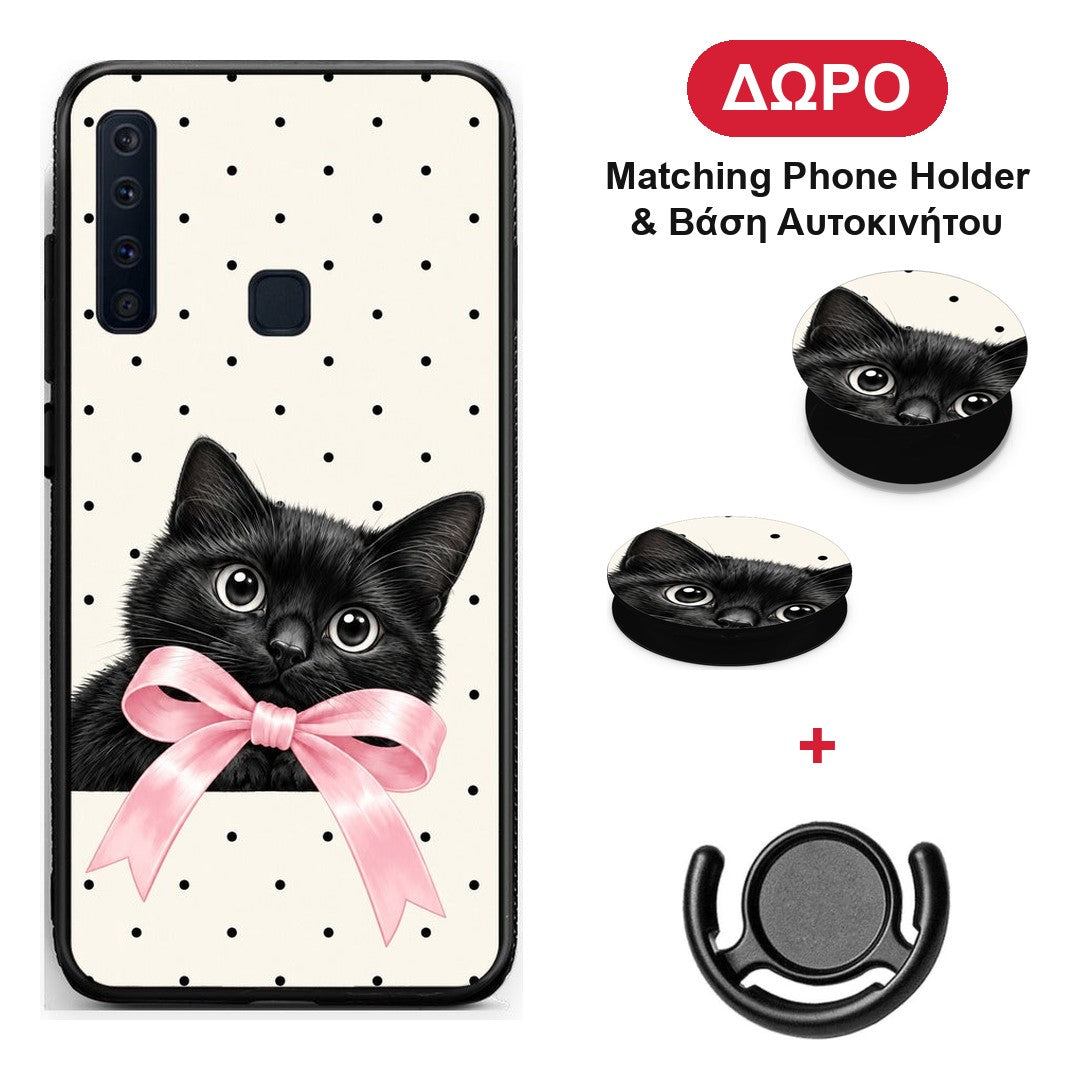 Black Kitten Pink Bow and Polka Dots - Samsung Galaxy A9 θήκη + Δώρο Phone Holder & Βάση Αυτοκινήτου