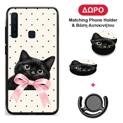 Black Kitten Pink Bow and Polka Dots - Samsung Galaxy A9 θήκη + Δώρο Phone Holder & Βάση Αυτοκινήτου