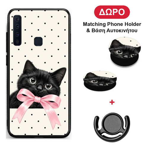 Black Kitten Pink Bow and Polka Dots - Samsung Galaxy A9 θήκη + Δώρο Phone Holder & Βάση Αυτοκινήτου