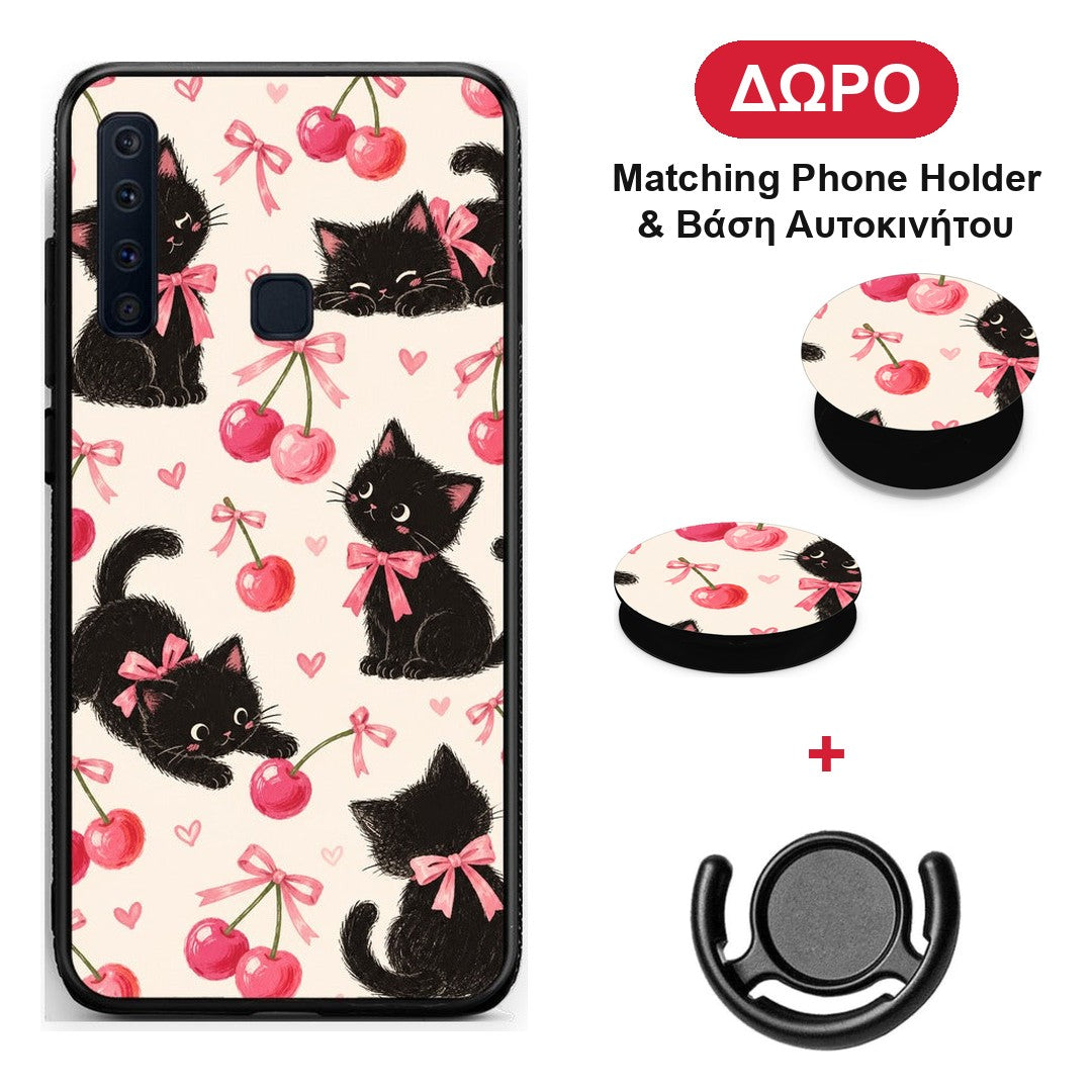 Black Kittens and Cherries on Cream - Samsung Galaxy A9 θήκη + Δώρο Phone Holder & Βάση Αυτοκινήτου