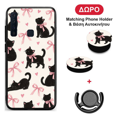 Black Kittens and Pink Bows on Cream Large - Samsung Galaxy A9 θήκη + Δώρο Phone Holder & Βάση Αυτοκινήτου