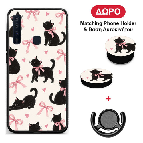 Black Kittens and Pink Bows on Cream Large - Samsung Galaxy A9 θήκη + Δώρο Phone Holder & Βάση Αυτοκινήτου