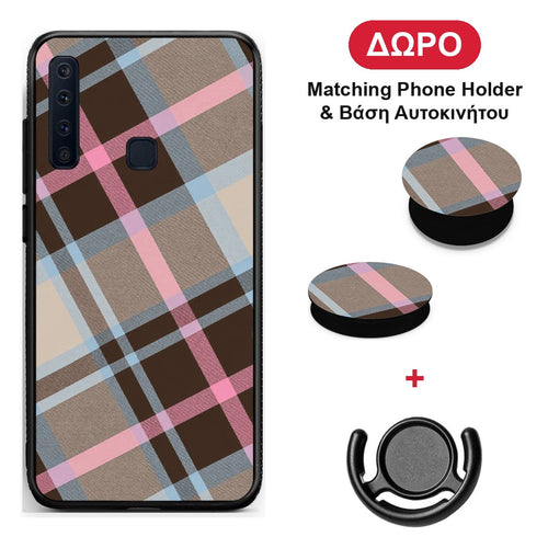 Brown Pink and Blue Diagonal Plaid - Samsung Galaxy A9 θήκη + Δώρο Phone Holder & Βάση Αυτοκινήτου