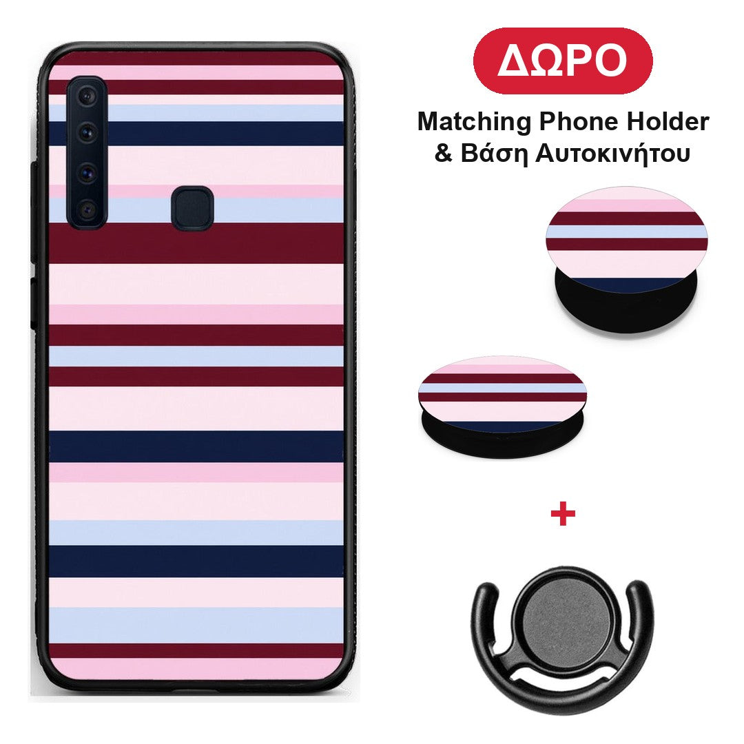 Burgundy Pink and Blue Horizontal Stripes - Samsung Galaxy A9 θήκη + Δώρο Phone Holder & Βάση Αυτοκινήτου